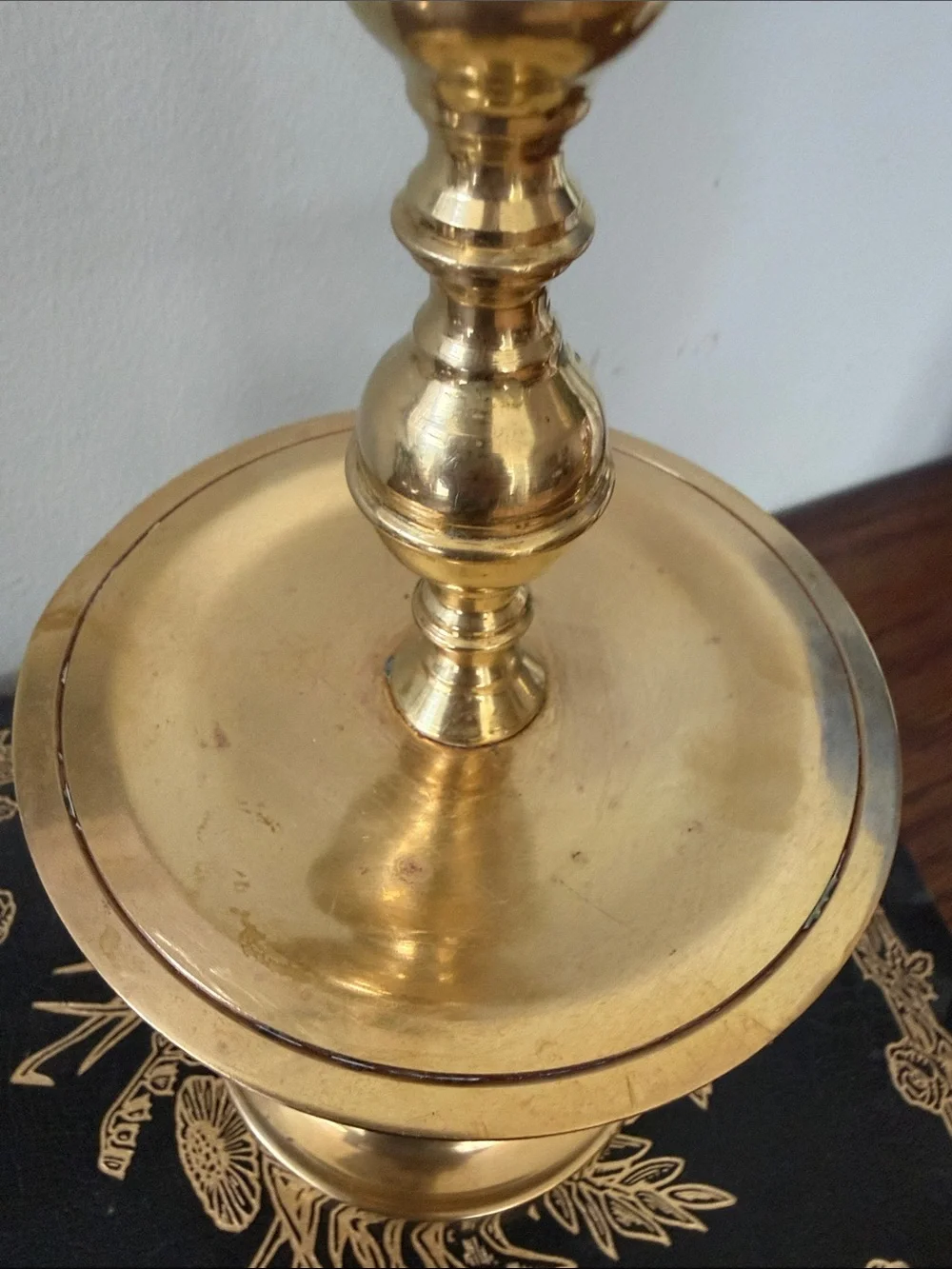 Vintage Brass Candlestick Holder with Circular Drip Tray  and Stepped Bell Base